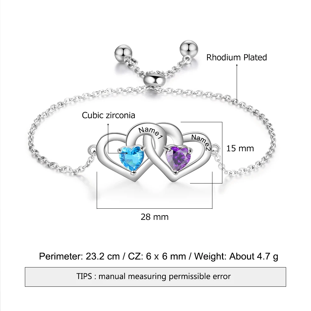 Customized 2 Names Adjustable Couple Bracelet Personalized Heart Birthstone Engraved Bracelet for Women (JewelOra BA102580) - Image 3