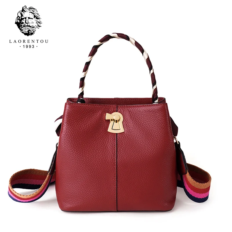 

LAORENTOU 100% Genuine Leather Bucket HandBag for Ladies Colorful Rainbow Shoulder Strap Women Large Capacity Tote Commute Purse