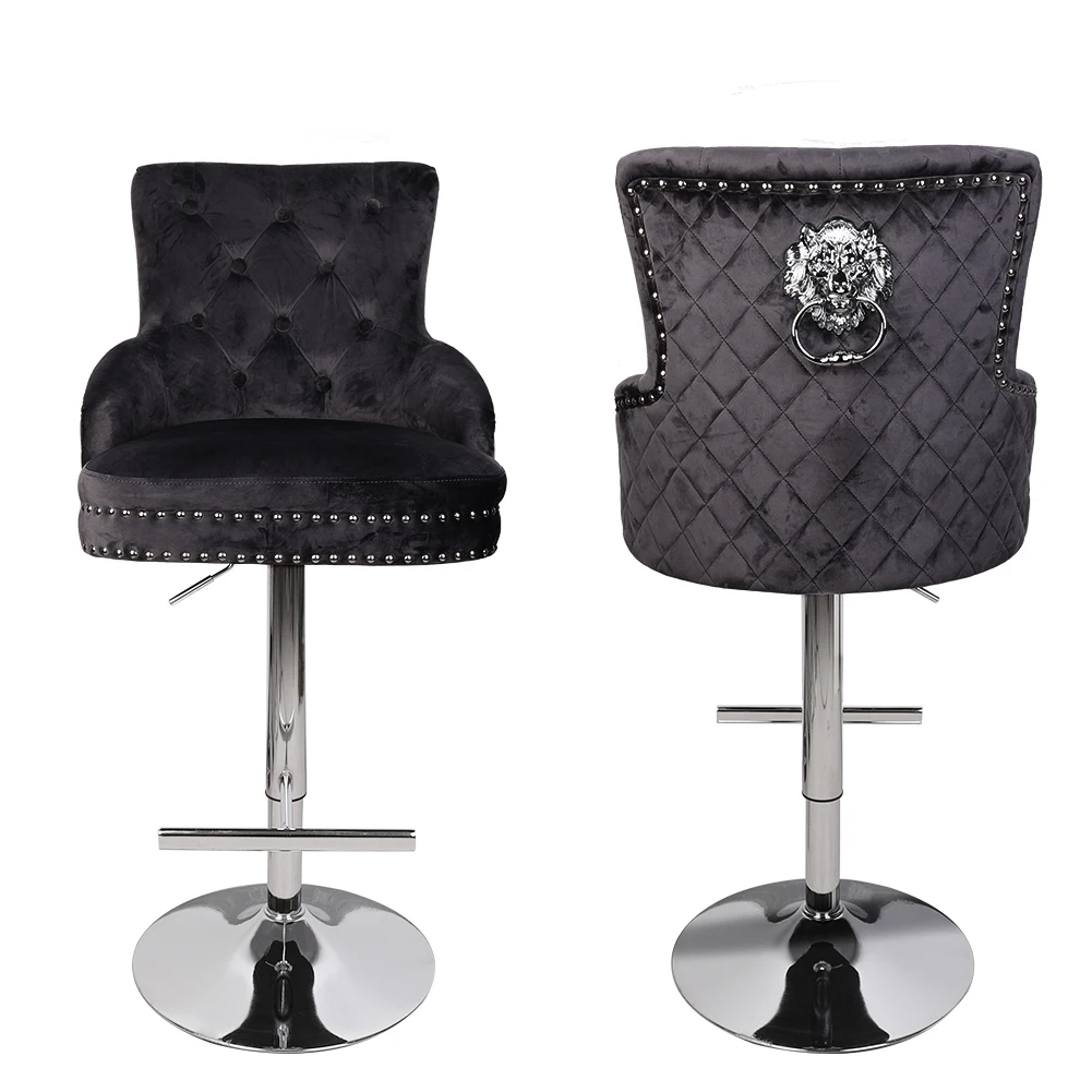 Luxury Black Velvet Swivel Bar Stool with Lion Knocker Cross