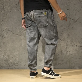 

34-46 Loose jeans men Drawstring Slim Denim Joggers Stretch Male Jean Pencil Pants Gray Men's jeans fashion Casual embroidery