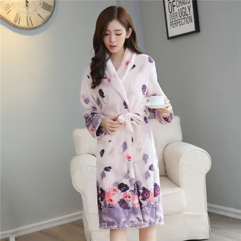 

Winter Sleepwear Full Sleeve Home Dressing Gown Print Flower Long Negligee Coral Fleece Female Kimono Robe Gown Belt Nightwear
