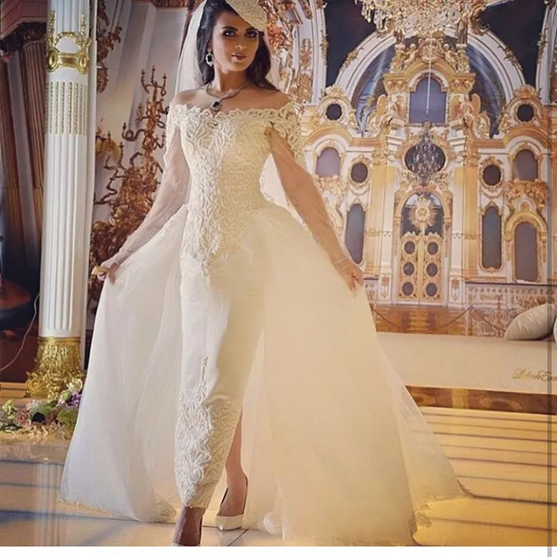 

vestido de noiva 2018 sheath lace appliques robe de mariee detachable skirt long sleeves bridal gown mother of the bride dresses