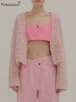 

Pink contrast button pockets knit sweater cardigan women's autumn new fashion personality all-match jacket free shipping