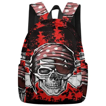 

Fashion Cartoon Backpack Skull Bones Blood Pirate Turban Blindfold Scary College Students Laptop Backpack Book Bag