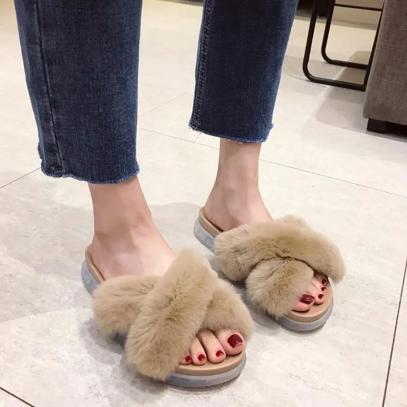 

Woman Shoes Luxury Women's Slippers 2019 Cross-tied Slides Low Pokemon Plush Platform Flock Designer New Sliders Fur Flat PU