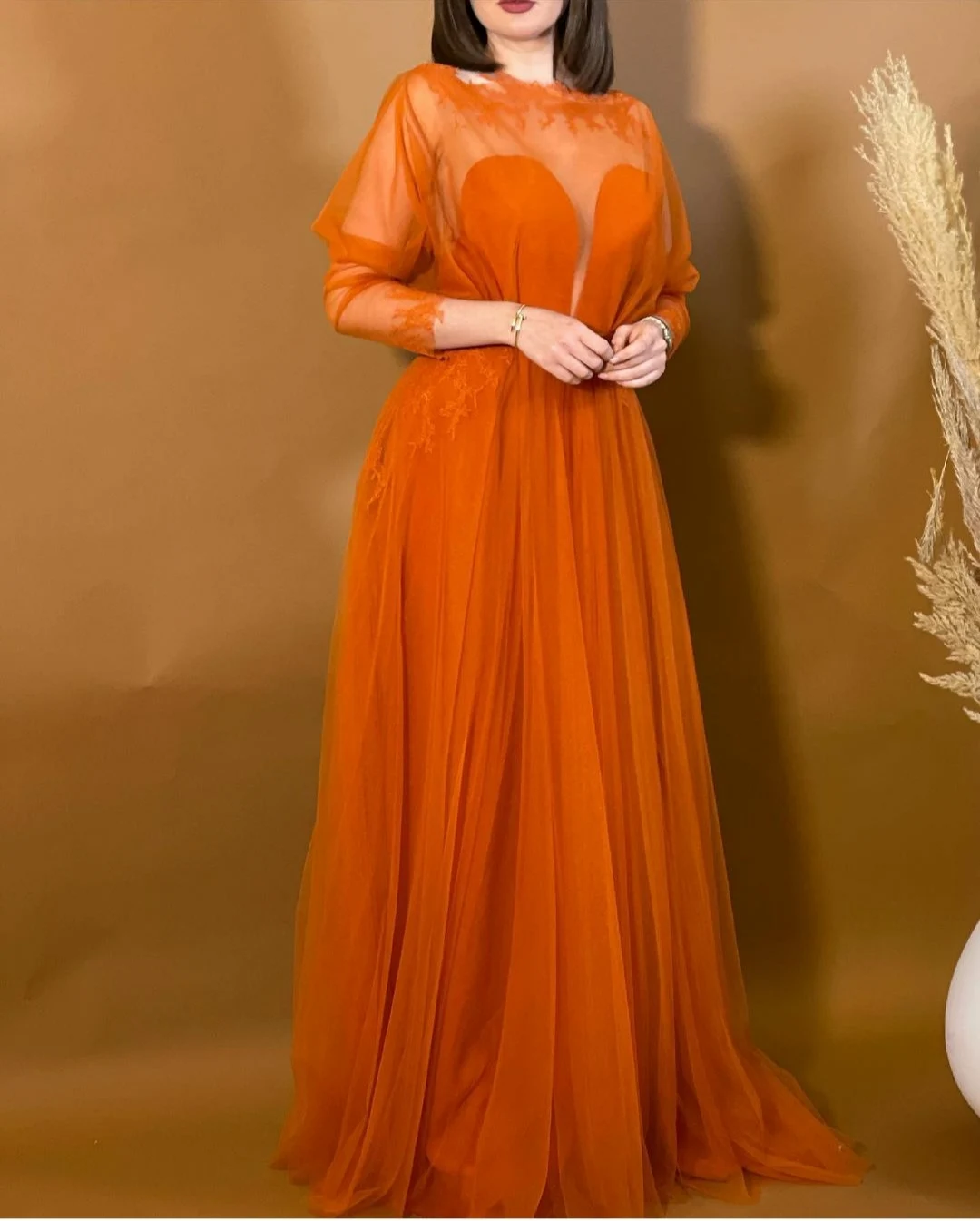 Elegant A-Line Tulle Orange Prom Dresses Long Sleeve Pleated O-Neck فساتين السهرة Party Evening Gown for women beautiful prom dresses