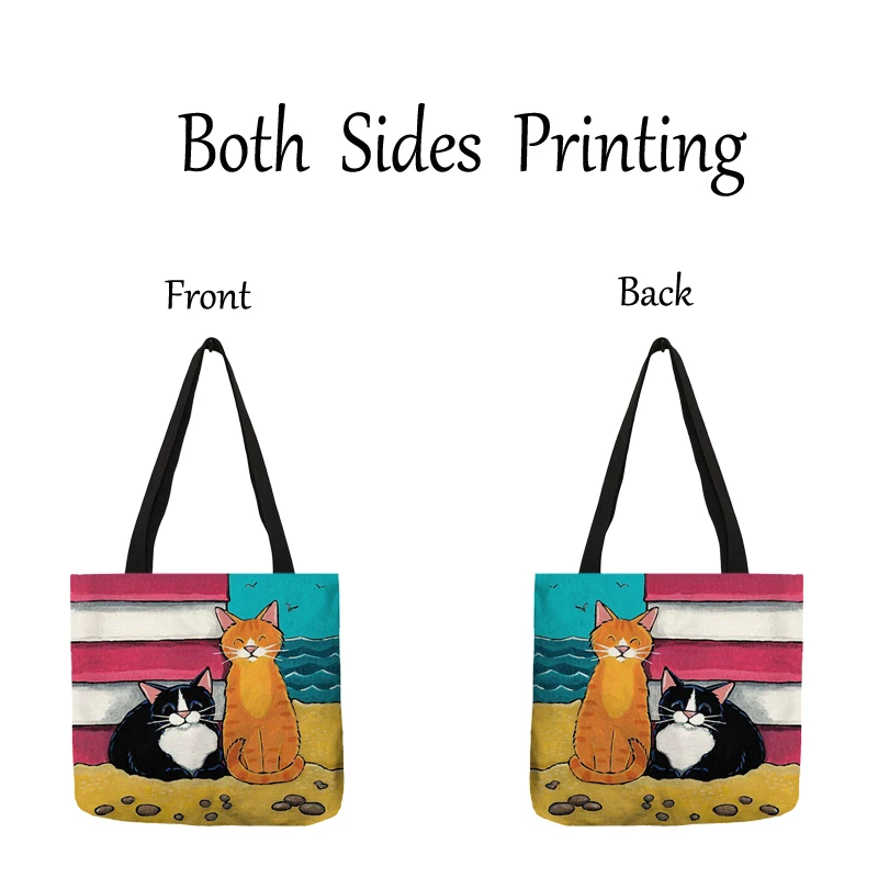 Bolso de mano con estampado de gato de dibujos animados para mujer, bolso de hombro de tela de lino para mujer, bolsos de compras informales para exteriores, bolsos de compras para comestibles