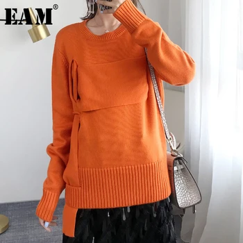 

[EAM] Irregular Knitting Sweater Loose Fit Round Neck Long Sleeve Women Pullovers New Fashion Tide Autumn Winter 2020 1Y578
