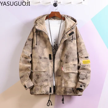 

YASUGUOJI Men Japanese Streetwear Multi-Pocket Cargo Jacket 2020 Spring Mens Cotton Jacket Casual Hooded Camouflage Male Jacket