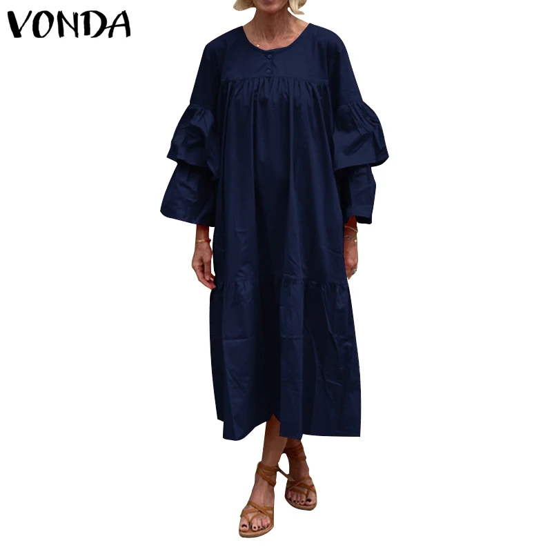 Тёмно-синий VONDA Для женщин с круглым вырезом и рюшами для беременных платье Винтаж Повседневное свободные Вечеринка Vestido пляжный халат элегантный Беременность Открытое платье без рукавов - Цвет: Тёмно-синий