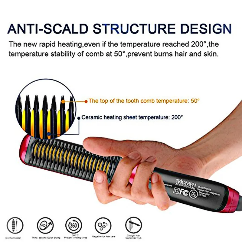 Hair Straightener Brush Hot Comb Ionic Straightening Brush with Anti Scald Fast Ceramic Heating Portable Hot Straightening Comb 4