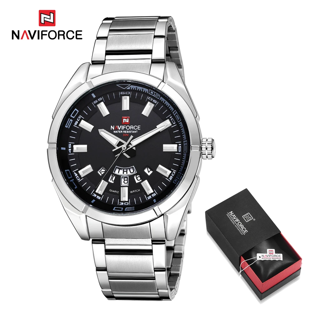 Silver Black Box NAVIFORCE Брендовые мужские часы полностью стальные водонепроницаемые повседневные кварцевые часы с датой лучший бренд Роскошные мужские наручные часы relogio masculino - Color: Silver Black Box