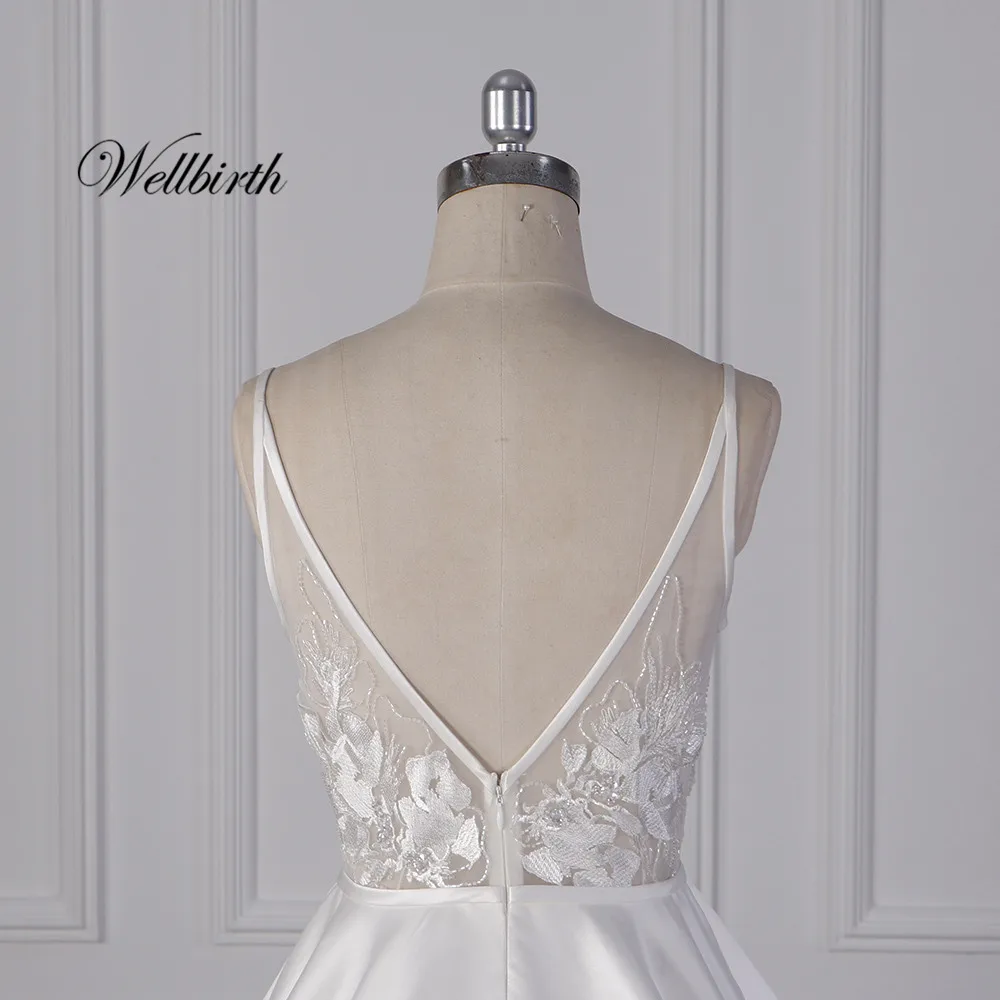 Реальное изображение, Wellbirth Vestido de novia, v-образный вырез, атласное, расшитое бисером свадебное платье, открытая спина, рукав-крылышко, свадебное платье JS015