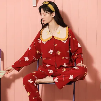 

Women 2PCS Sleepwear Cotton Pajamas Autumn New Nightwear Sleep Set Pyjamas Loose Home Clothes Casual Shirt&Pants Lingerie