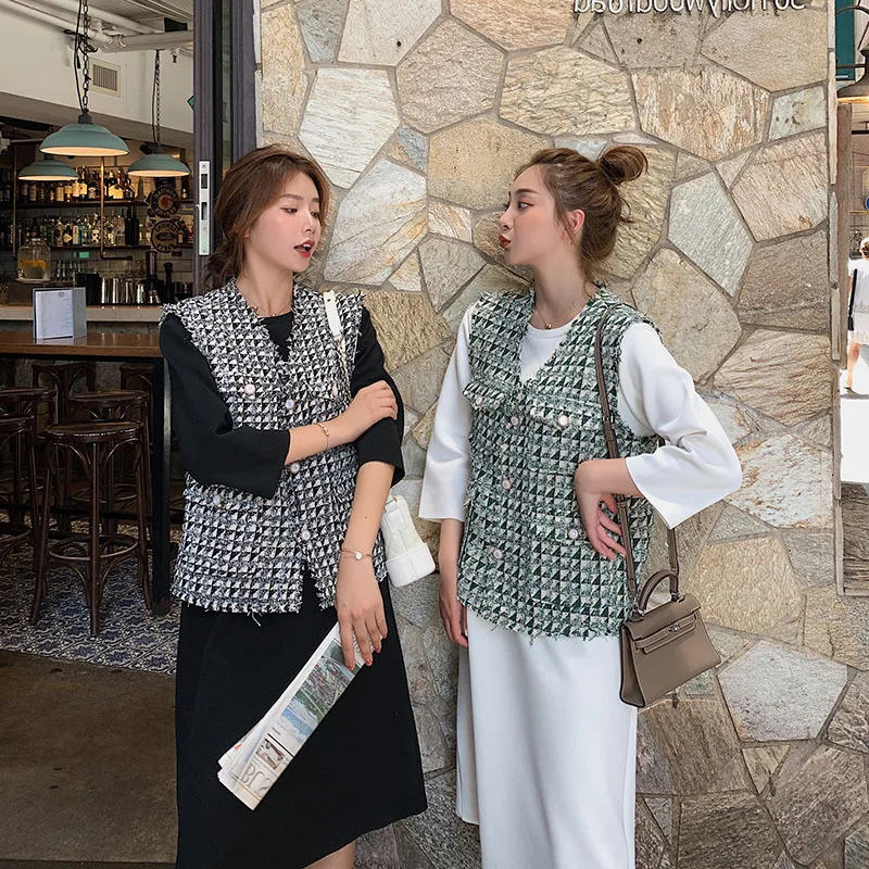 

Photo Shoot Small Fragrant Waistcoat Two-Piece Set Graceful Versatile T-shirt + V-neck Waistcoat 2019 Early Autumn Tweed