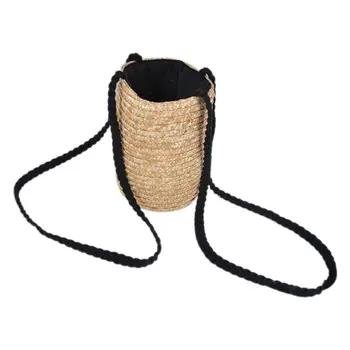 

JHD-Bucket Cylindrical Straw Bags Bow Wheat-straw Woven Women Crossbody Bags Shoulder Tote Bag String(primary color)