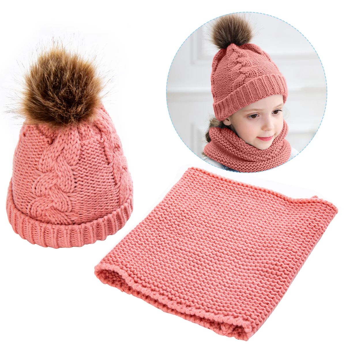 Детские шапочки для мальчиков и девочек, вязаная шапка и теплый комплект для шеи, детский зимний шар-помпон, шапка + шарф-хомут, комплект