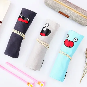 

KKBOOK 1593 Lovely Roll Canvas Pen Curtain Dual Purpose Multi-functional Creative Student Personality Pencil Bag Stationery