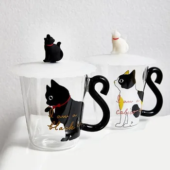 

250 ml Cute Black Cat Glass Coffee Mug Set Handgrip Animal Shaped Milk Water Juice Mugs Tea Cup Japanese Style Kawaii Gift Home