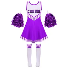 Meninas cheerleading uniforme traje de dança crianças cheerleader outfit decote redondo retalhos estilo vestido de dança flor e meias