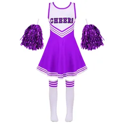 Girls Cheerleading Uniform Dance Costume Kids Cheerleader Outfit Round Neckline Patchwork Style Dance Dress Flower and Socks