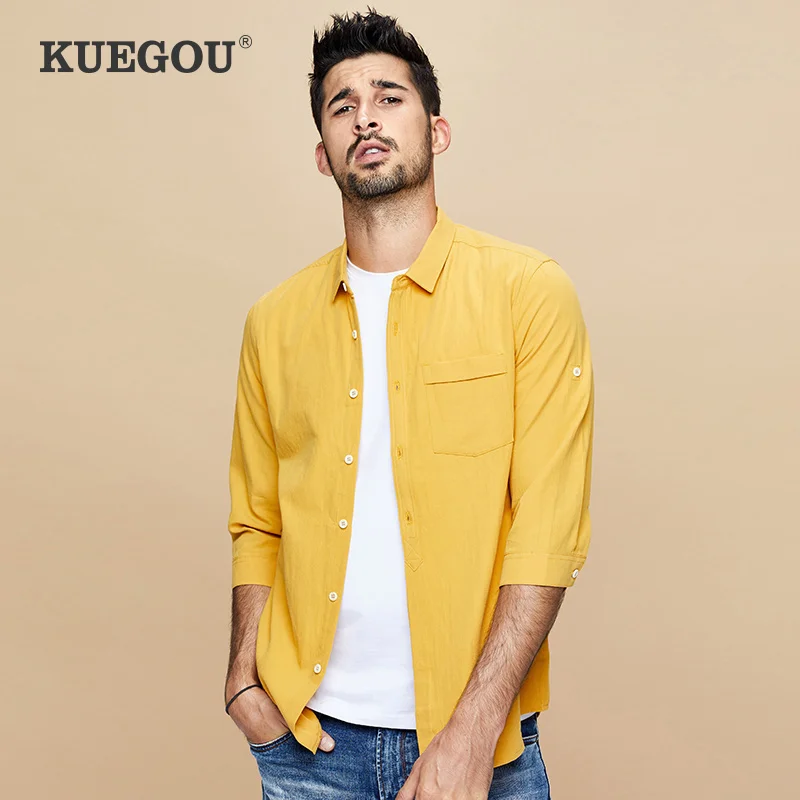 KUEGOU 100% cotton Men's shirt three-quarter sleeve fashion simple comfortable shirts summer cotton shirt yellow white BC-8199 KUEGOU 100% cotton Men's shirt three-quarter sleeve fashion simple comfortable shirts summer cotton shirt yellow white BC-8199