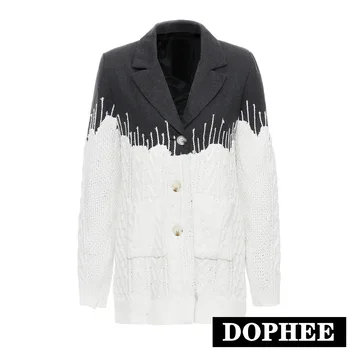 

2019 Autumn and Winter Suit New Personality Stitching Jacquard Knit Hole Hem Gradient Long Coat Women