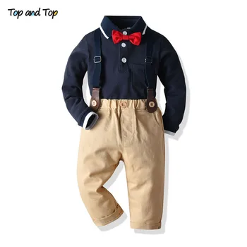

Top and Top Newborn Baby Boys Gentleman Clothing Sets Casual Long Sleeve Bowtie Shirt+Overalls Clothes Outfit Toddlers Sets