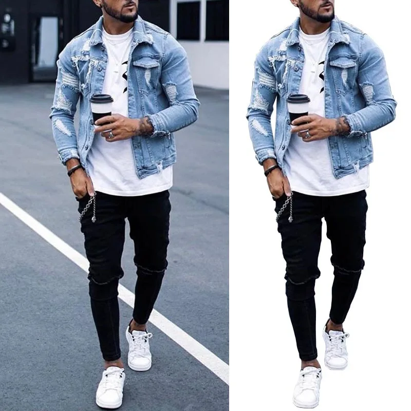 

Cross border 2020 spring and autumn wise Amazon new men's Denim coat hole washed e3r425 jacket men's wear jackets for men Casual