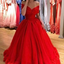 Красное Пышное Платье с открытыми плечами вечернее платье винтажное платье длиной до пола из тюля с цветочным принтом и вырезом лодочкой Vestidos De 15 Anos элегантное