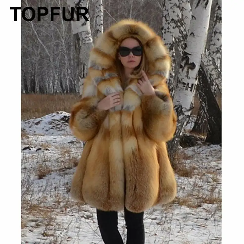 TOPFUR Роскошная модная шуба из натурального Лисьего меха Женская куртка Золотой