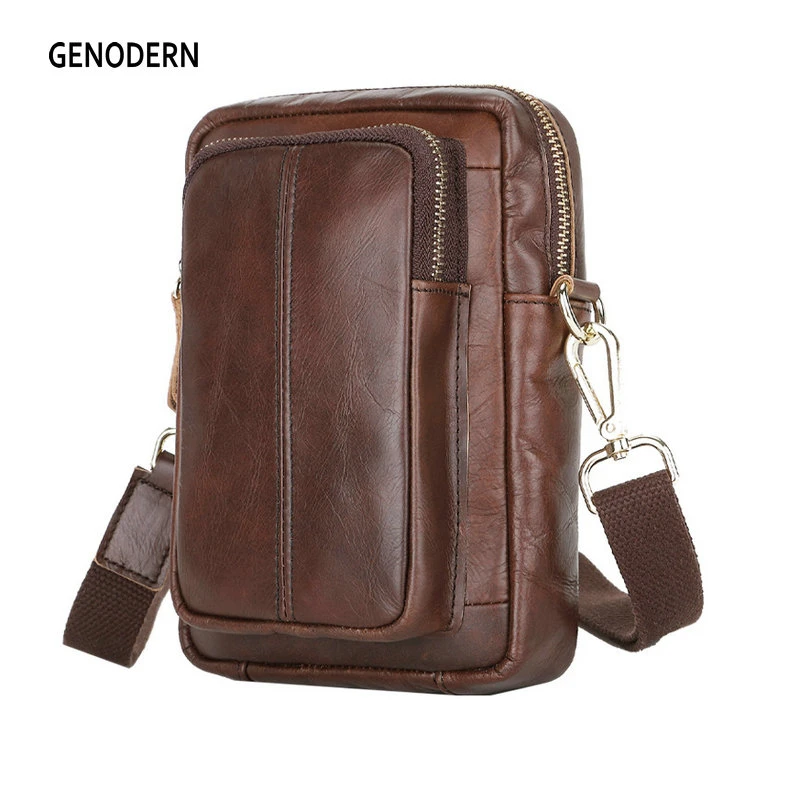 

GENODERN Cowhide Men's Crossbody Bag with Belt Hole Vertical Mobile Phone Bag Waist Pack Crossbody Shoulder Bag
