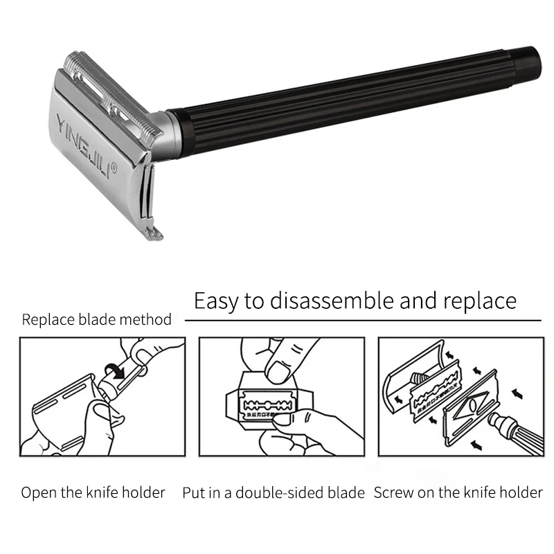 1 бритвенная ручка+ 1 Бритва для мужчин, Классическая Ручная бритва, безопасная бритва с двойными краями, традиционная металлическая бритва