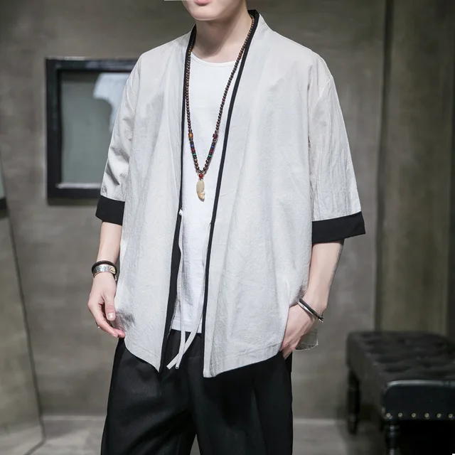 Japanese Male Kimono Cardigan Men Harajuku Streetwear Samurai Costume Plus Size Yukata Haori Chinese Style Coat T-shirt 4XL 5XL Beige