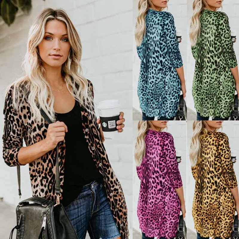 

Female Outer weareopard Printed Kimono Cardigan Coat Button Womens Spring&Autumn Jacket Long Sleeve Up Slim Vintage Long Coats