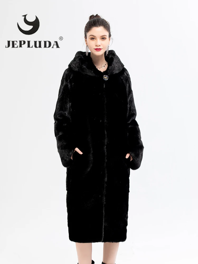 Jepluda 고급스러운 리얼 모피 코트 여성 소프트 따뜻한 풀 펠트 자연 여성 밍크 길게 후드 겨울 자켓 여성 리얼 모피 자켓