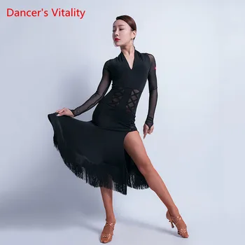 

Latin Dance Practice Clothes Female Adult Temperament Dress New Winter Tassel Professional Performance dancing Costume