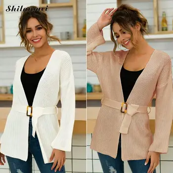 

Elegant Sweater Coat Women Solid Pink White Office Lady Knitted Cardigan Women V Neck Sashes Knitwear Autumn Casual Jumper Pull