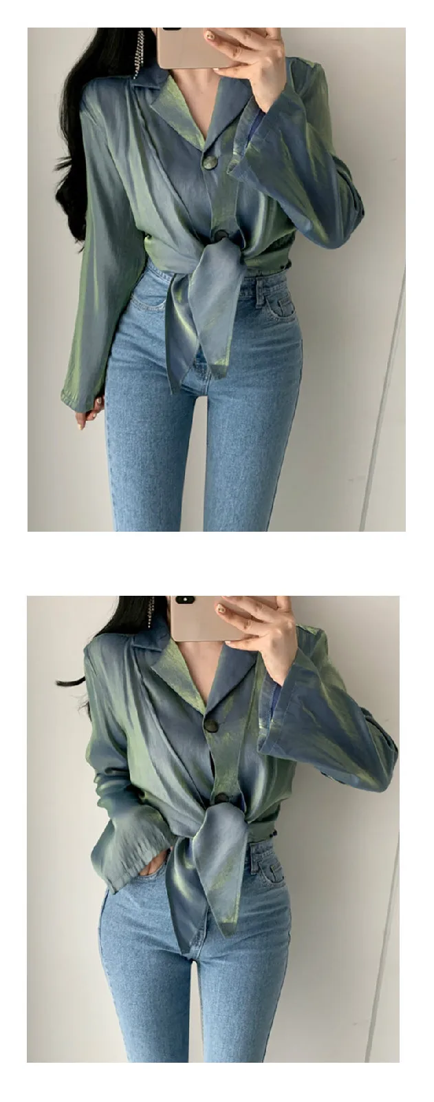 Neploe дизайн Модная мерсеризованная атласная Блуза с длинным рукавом Глянцевая неровная отложной воротник Blusas пояс для стройной талии рубашка