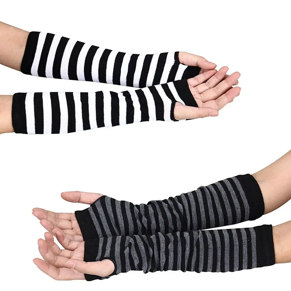 1 Pair Fashion Winter Arm Warmers Women Warm Mittens Fingerless Black&grey Black&White Knitted Long Gloves Cotton Length: 35 cm sparsil women winter arm warmers cashmere fingerless long gloves solid warm mittens elbow thread knitted sleeves 50cm glove