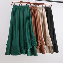 12 зеленая, фиолетовая, белая, черная, хаки, Гибкая эластичная юбка миди с высокой талией, плиссированная юбка с оборками для женщин, женские юбки, saia saias, синяя