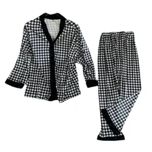 New Pajamas Women's Pleuche Long Sleeve Trousers Two-Piece Suit Casual Loose Houndstooth plus Size Lingere