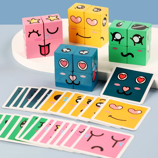 Cartoon Emoticons Magic Blocks Emoticons Expression Changes Wooden Toys for Children Parent-child Board Game 1