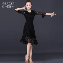 Модное черное кружевное танцевальное платье с v-образным вырезом для женщин, танцевальные костюмы для взрослых, костюмы для соревнований по танцам, румба чача самба, тренировочная Одежда для танцев B0070
