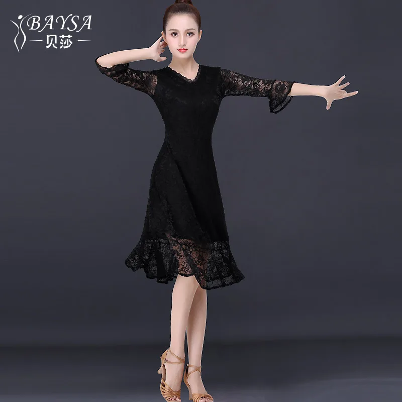 Fashion Black Lace V-neck Dance Dress for Women Adult Competition Costumes Rumba Chacha Samba Practice Dancewear B0070 | Тематическая