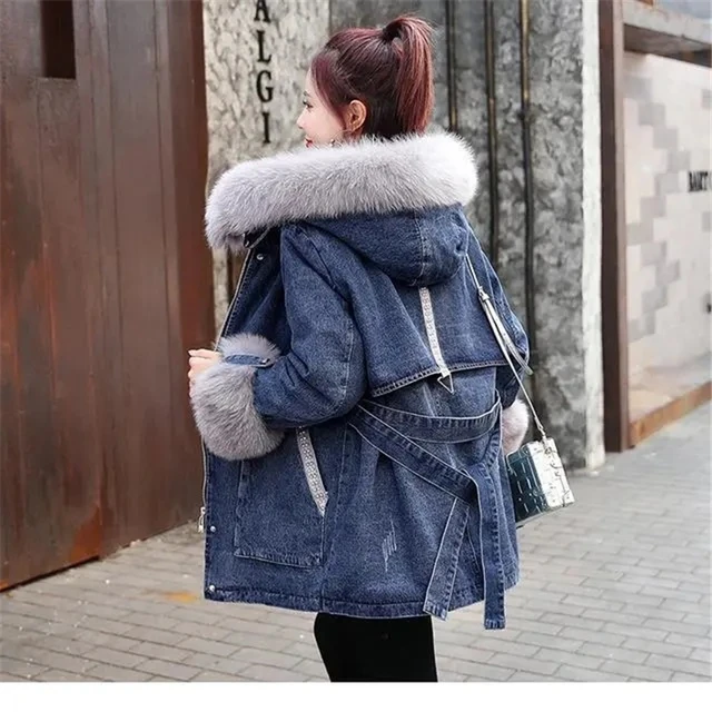 Manteau en jean à capuche avec col en fourrure pour femme, Parka d'hiver  longue, en