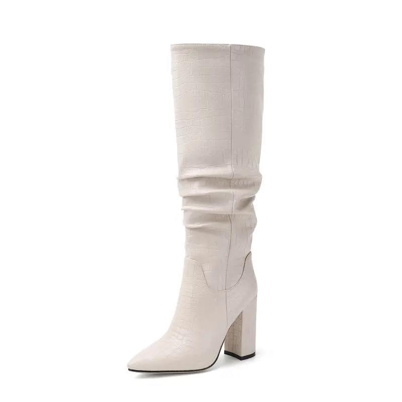 MORAZORA/Новые Брендовые женские ботинки осенне-зимние ботинки на Высоком толстом каблуке ковбойские сапоги до колена женская обувь; большие размеры 34-43 - Цвет: Бежевый