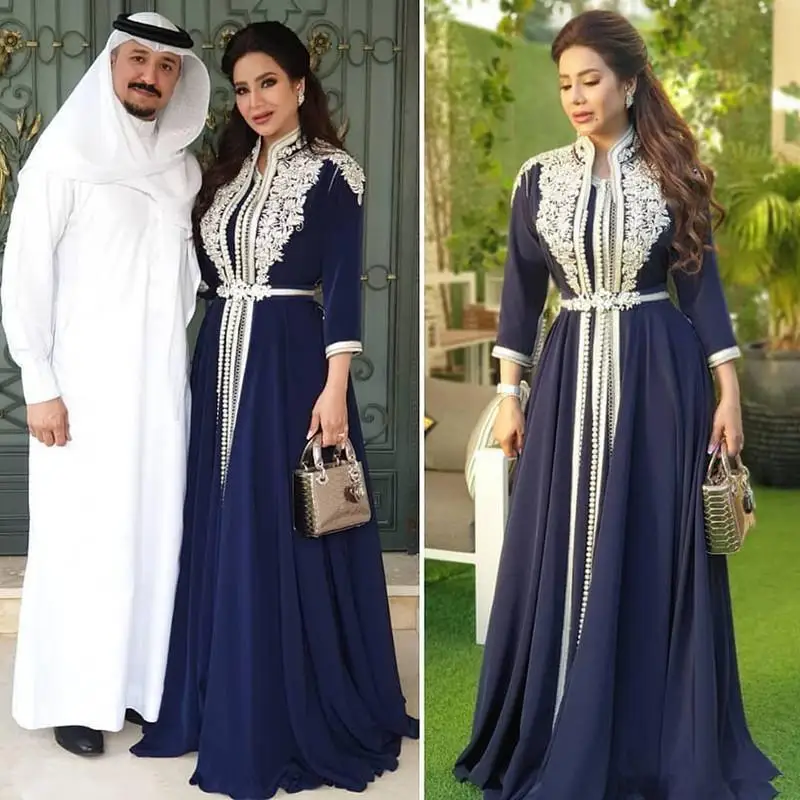 2020 Muslim Prom Formal Dresses with Sleeves 2020 Arabic Kaftan Caftan Morocco Abaya Lace Applique Evening Reception Gown