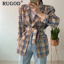 RUGOD/корейский Клетчатый Блейзер, куртка для женщин,, винтажный, с вырезами на шее, Повседневный, ins, уличная, женская мода, auturm, куртка на шнуровке, пальто