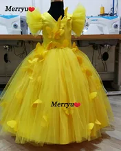 Yellow Ball Gown Flower Girl Dresses For Wedding Butterfly Pageant Gowns Short Puffly Sleeve Tulle Birthday Dress
